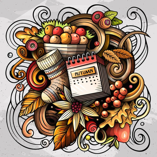 Autumn cartoon raster doodles illustration. Fall design. Season elements and objects background. Bright colors funny picture.