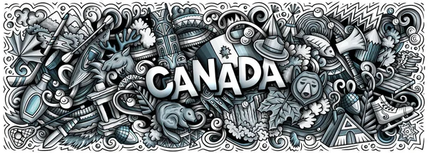 Canada cartoon doodle illustration. Funny Canadian banner design. Creative raster background with north America country elements and objects