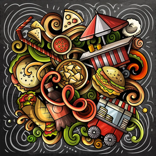 Fastfood Kreskówki Bazgroły Ilustracji Fast Food Śmieszne Obiekty Elementy Projektowania — Zdjęcie stockowe
