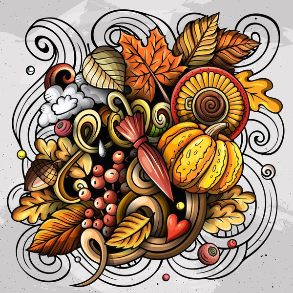 Autumn cartoon raster doodles illustration. Fall design. Season elements and objects background. Bright colors funny picture.