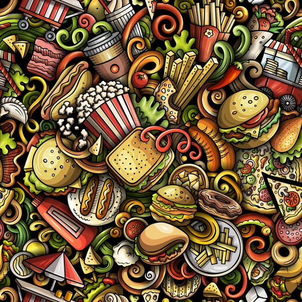 Cartoon Doodle Naadloos Patroon Voorzien Van Een Verscheidenheid Van Fastfood — Stockfoto