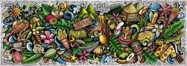 ハワイのテーマの落書きによるラスターイラスト 活気と目を引くバナーデザイン 遊び心のある漫画シンボルを通してハワイの文化と伝統の本質を捉える — ストック写真