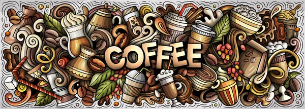 Cartoon raster Coffee doodle illustration features a variety of Coffeehouse objects and symbols. Bright colors whimsical funny picture.