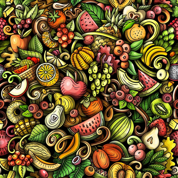 Cartoon raster doodles on the subject of Fresh Fruits seamless pattern features a variety of fruity objects and symbols. Whimsical playful colorful background for print on fabric, greeting cards, scarves, wallpaper and other