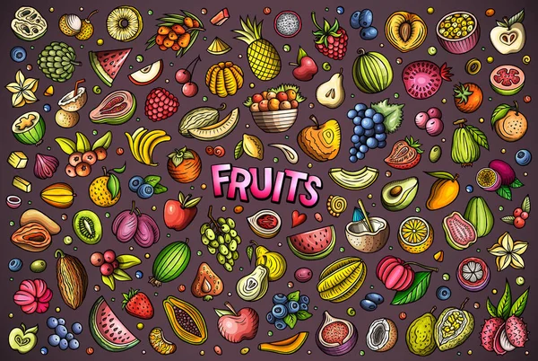 Cartoon Raster Doodle Set Features Variety Fruits Objects Symbols Collection — Stock Photo, Image