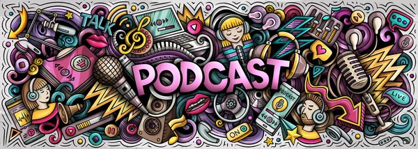 Tecknad Raster Podcast Doodle Illustration Har Mängd Olika Ljud Innehåll — Stockfoto