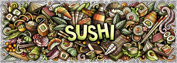 Cartoon Raster Sushi Doodle Illustration Features Variety Japanese Cuisine Objects — Stock Photo, Image