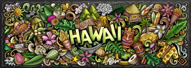 Raster illustration with Aloha Hawaii theme doodles. Vibrant and eye-catching banner design, capturing the essence of Hawaiian culture and traditions through playful cartoon symbols clipart