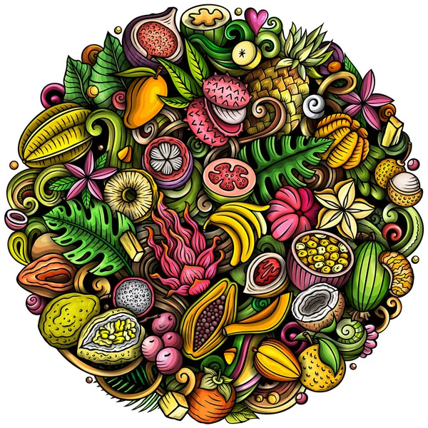 Frutti Esotici Cartone Animato Raster Scarabocchi Illustrazione Rotonda Elementi Alimentari — Foto Stock