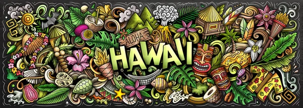 用Aloha夏威夷的主题涂鸦来做光栅插图 引人注目的醒目的横幅设计 通过生动的卡通符号捕捉夏威夷文化和传统的本质 — 图库照片