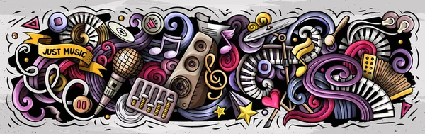 Music cartoon doodles illustration. Musical funny objects and elements poster design. Creative art background. Colorful raster banner