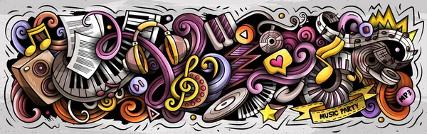 Music cartoon doodles illustration. Musical funny objects and elements poster design. Creative art background. Colorful raster banner