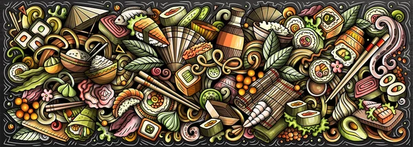 Cartoon Raster Sushi Doodle Ilustração Apresenta Uma Variedade Objetos Cozinha — Fotografia de Stock