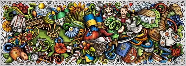 Raster illustration with Ukraine theme doodles. Vibrant and eye-catching banner design, capturing the essence of Ukrainian culture and traditions through playful cartoon symbols