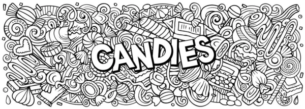 Cartoon raster Candies doodle illustration features a variety of sweet food objects and symbols. Sketchy whimsical funny picture.