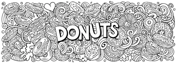 漫画のラスター ドーナツの落書きイラストは さまざまな甘い食べ物やシンボルを特徴としています スケッチー ウィズミカル 面白い — ストック写真
