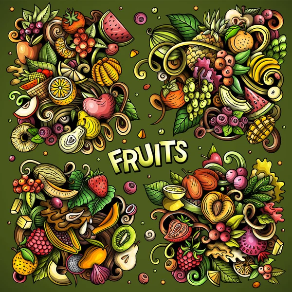 Fresh Fruits Cartoon Raster Doodle Designs Set Colorful Detailed Compositions — Stock Photo, Image