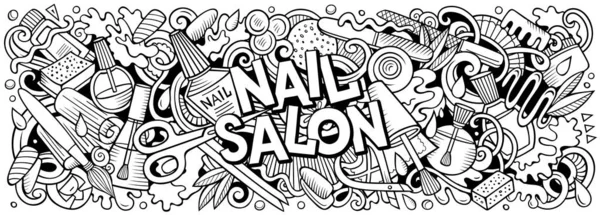 Cartoon raster Nail Salon doodle illustration features a variety of Manicure objects and symbols. Sketchy whimsical funny picture.