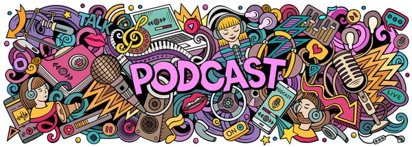 Cartoon Raster Podcast Doodle Illustration Features Variety Audio Content Objects — Stock Photo, Image