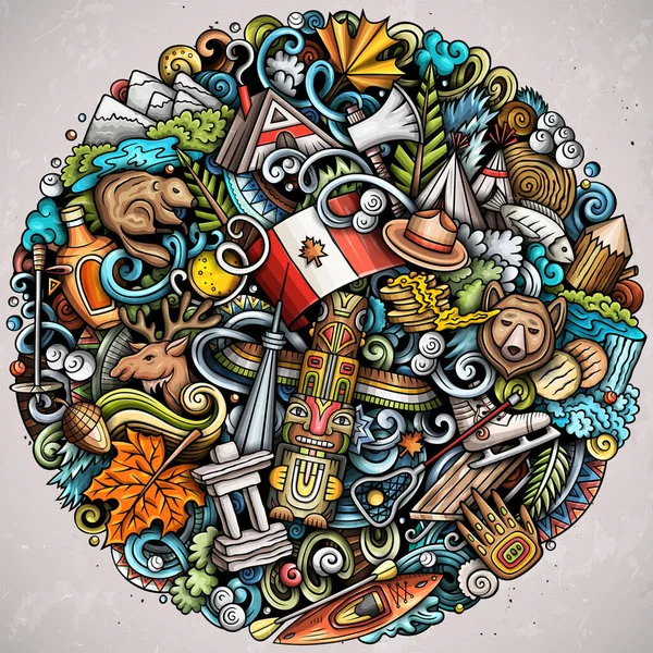 Cartoon doodle Canada round Illustration. Background with local Canadian culture symbols and items