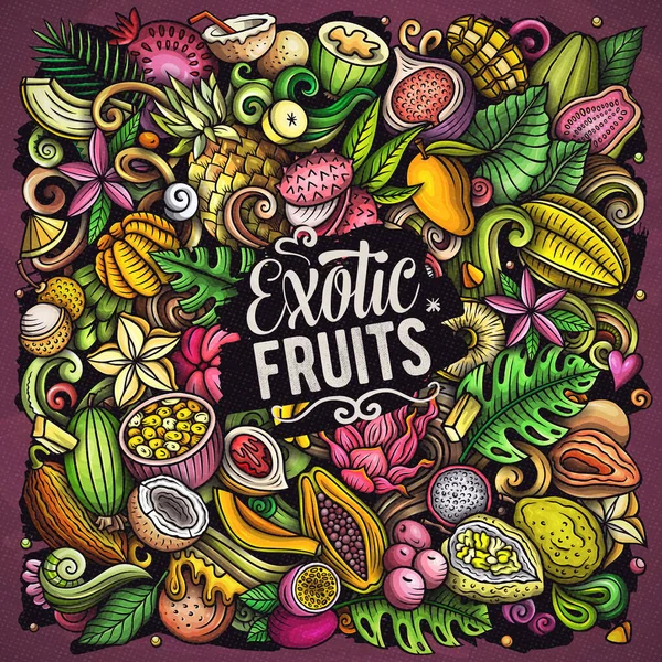 Frutas Exóticas Dibujo Animado Garabatos Ilustración Elementos Alimenticios Tropicales Fondo — Foto de Stock