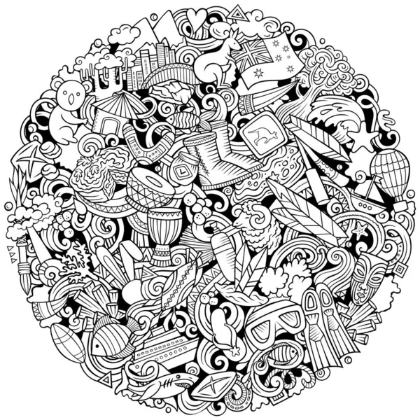 Australia Kreskówka Bazgroły Okrągły Ilustracja Zabawny Australijski Design Kreatywne Tło — Zdjęcie stockowe