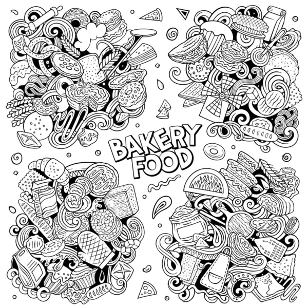 Bäckerei Cartoon Raster Doodle Designs Set Skizzenhafte Detailkompositionen Mit Vielen — Stockfoto
