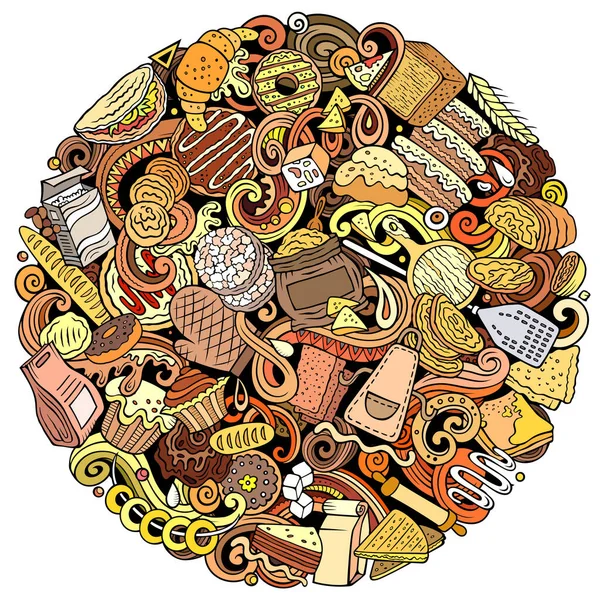 Cartoon Raster Bakery Doodle Illustration Features Variety Bakehouse Objects Symbols — Stock Photo, Image