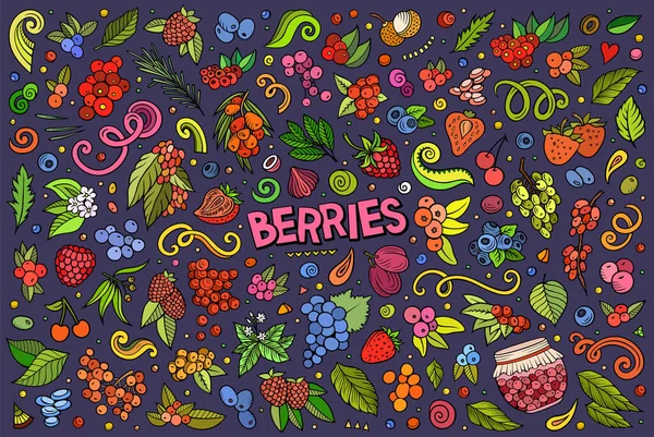Cartoon raster doodle set features a variety of Berry fruits objects and symbols. The Berries collection has a whimsical, playful feel. Perfect for various projects.