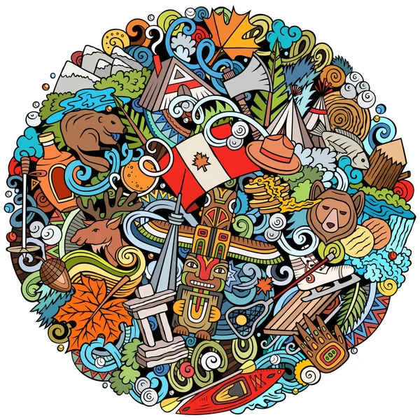 Cartoon doodle Canada round Illustration. Background with local Canadian culture symbols and items
