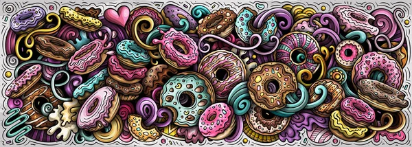 Cartoon Raster Donuts Doodle Ilustração Apresenta Uma Variedade Objetos Comida — Fotografia de Stock