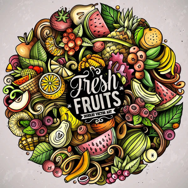 Fresh Fruits cartoon raster doodles round illustration. Nature food elements and objects background. Bright colors funny picture.