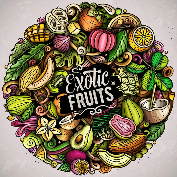 Frutas Exóticas Dibujos Animados Garabatos Ronda Ilustración Elementos Alimenticios Tropicales — Foto de Stock