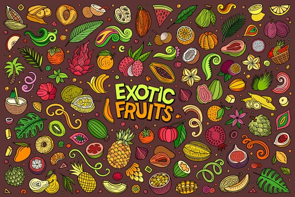 Cartoon Raster Doodle Set Obsahuje Různé Exotické Tropické Ovoce Předměty — Stock fotografie