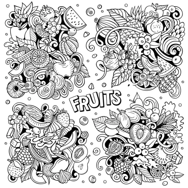 Fresh fruits cartoon raster doodle designs set. Sketchy detailed compositions with lot of nature food objects and symbols.