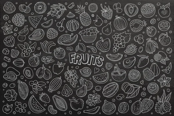 Cartoon raster chalk board doodle set features a variety of Fruits objects and symbols. The collection has a whimsical, playful feel. Perfect for various projects.