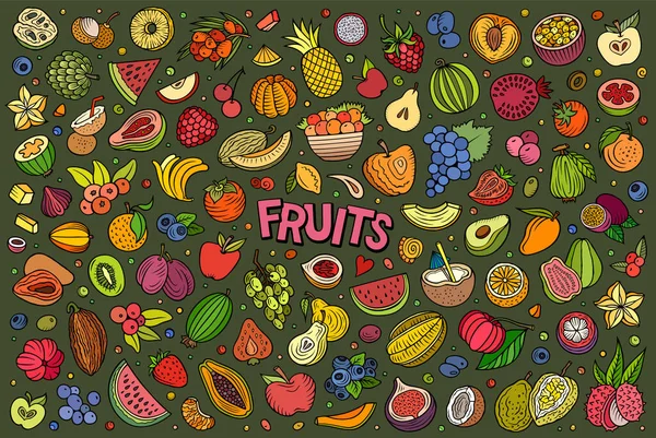 Cartoon Raster Doodle Set Apresenta Uma Variedade Objetos Símbolos Frutas — Fotografia de Stock