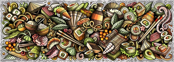 卡通光栅Sushi Doodle插图以各种日本烹饪物品和符号为特色 明亮的色彩怪诞可笑的图片 — 图库照片