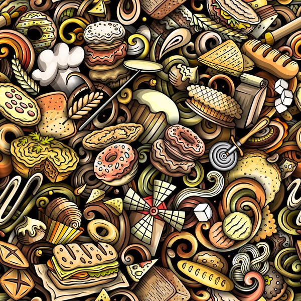 Cartoon raster doodles on the subject of bakery seamless pattern features a variety of bakery-related objects and symbols. Whimsical playful baked goods colorful background for print on fabric