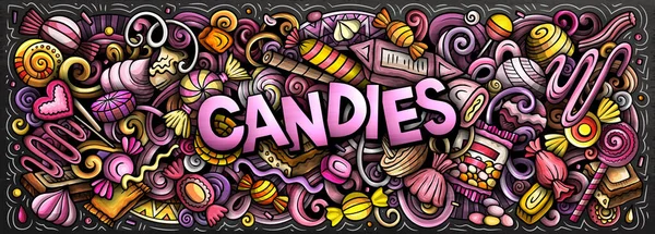 动画片 糖果涂鸦 以各种甜食物品和象征为特色 明亮的色彩怪诞可笑的图片 — 图库照片