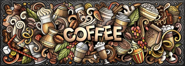 Cartoon Raster Coffee Doodle Illustration Byder Række Coffeehouse Objekter Symboler - Stock-foto