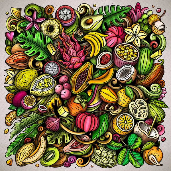 Εξωτικά Φρούτα Εικονογράφηση Καρτούν Raster Doodles Τροπικά Στοιχεία Τροφίμων Και — Φωτογραφία Αρχείου