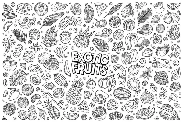 Cartoon raster line art doodle set features a variety of Exotic Tropical Fruits objects and symbols. The collection has a whimsical, playful feel. Perfect for various projects.