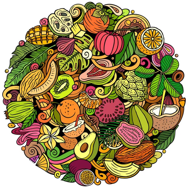 异国情调的水果卡通片光栅涂鸦圆圆的插图 热带食物元素和物体背景 明亮的颜色有趣的图片 — 图库照片