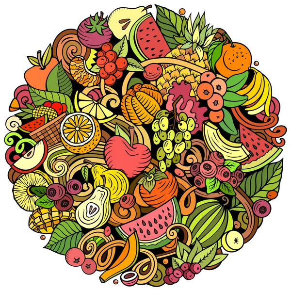 Fresh Fruits cartoon raster doodles round illustration. Nature food elements and objects background. Bright colors funny picture.