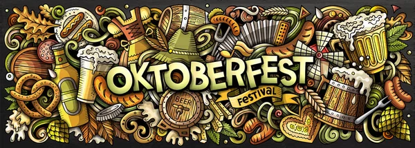 卡通栅格啤酒节涂鸦插图以各种Oktoberfest对象和符号为特色 明亮的色彩怪诞可笑的图片 — 图库照片