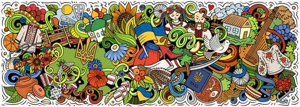 Растровая Иллюстрация Украинскими Тематическими Каракулями Яркий Привлекательный Дизайн Баннеров Отражающий — стоковое фото