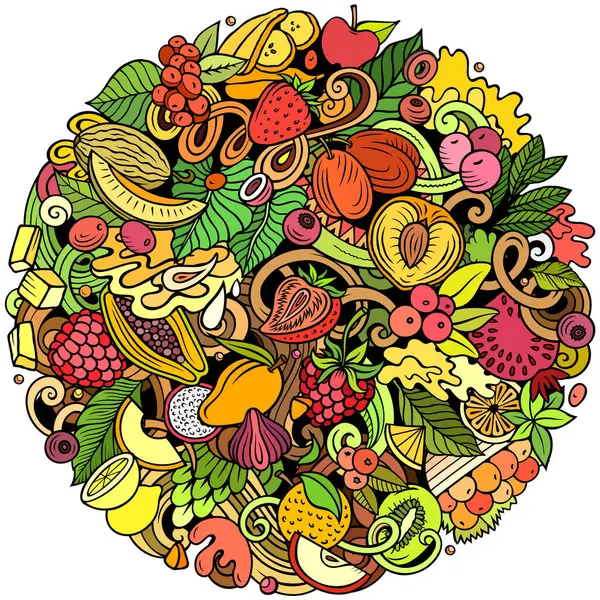 新鲜水果卡车司机涂鸦圆圆的插图 大自然的食物元素和物体背景 明亮的颜色有趣的图片 — 图库照片