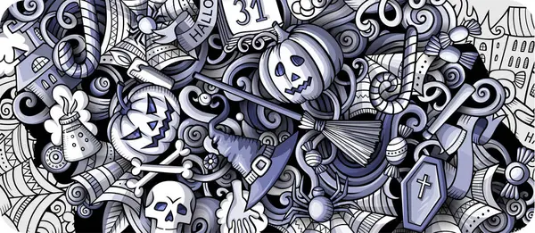 Feliz Día Halloween Doodle Banner Diseño Fondo Dibujos Animados Plantilla — Vector de stock