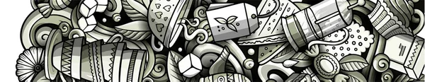 ティーハンドが描いた落書きバナー 漫画の詳細なフライヤー オブジェクトとシンボルを持つ飲料のアイデンティティ モノクロベクターのデザイン要素の背景 — ストックベクタ